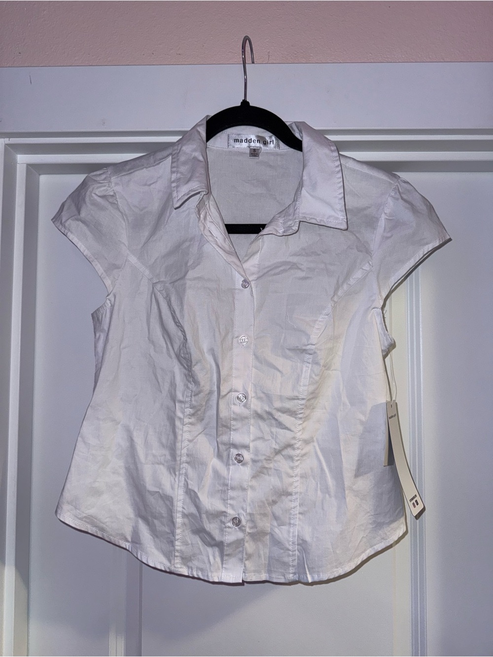 Madden Girl White Short Sleeve Button-Up Blouse